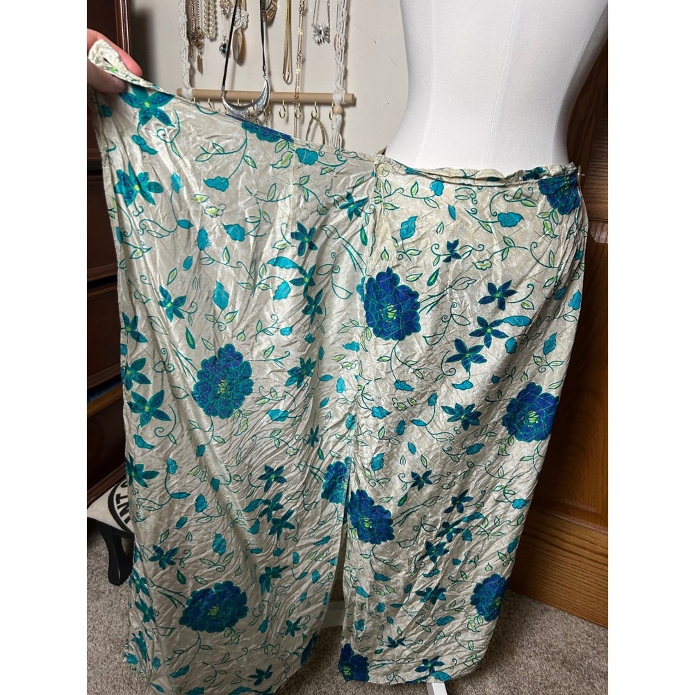 Vintage Womens Blue Green Floral 100% Silk Wrap Maxi Skirt Costal Boho S - Picture 4 of 9